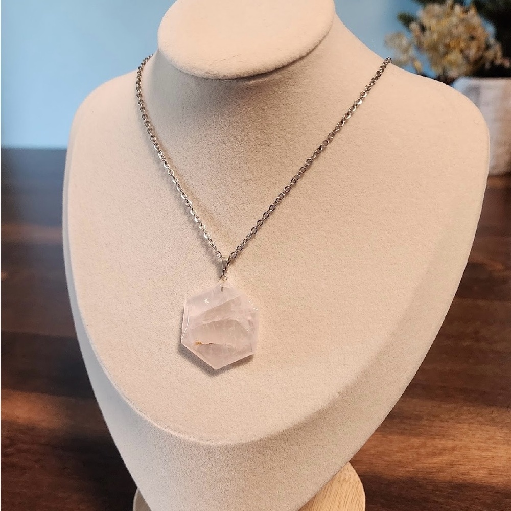 Rose Quartz Hexagon Pendant Necklace